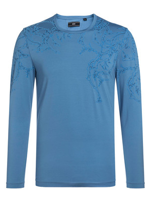 【18秋冬新款】VERRI/VERRI植絨工藝圖案,栩栩生動,圖案效果飽滿的藍色棉質圓領修身款長袖T恤-男士長袖T恤